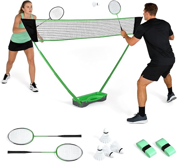 Badminton Set with Net, Portable Pop up Badminton Net with Freestanding Base, 2 Badminton Rackets, 2 Racket Wraps, 4 Shuttlecocks,1 Net, for Outdoor Indoor Sports Games, Easy Setup and Storage