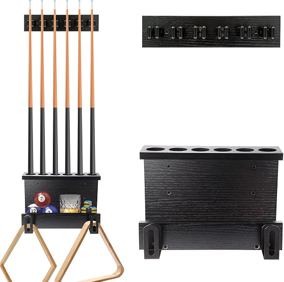 Pool Stick Holder Wall Mount, Pool Cue Set Holder for 6 Cues Sticks Storage Pool Table Accessories Equipment Organizer, Cue Rack Billiards Accessories for Game Room Bars Clubs Billiard Players, Black