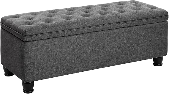 SONGMICS Storage Ottoman, 46.5 Inches Bedroom Bench, Solid Wood Legs | Buttons Decoration, Non-Slip Foot Pads, 330.7 lb Load Capacity, Slate Gray and Ink Black, MACEO Collection ULOM070G01
