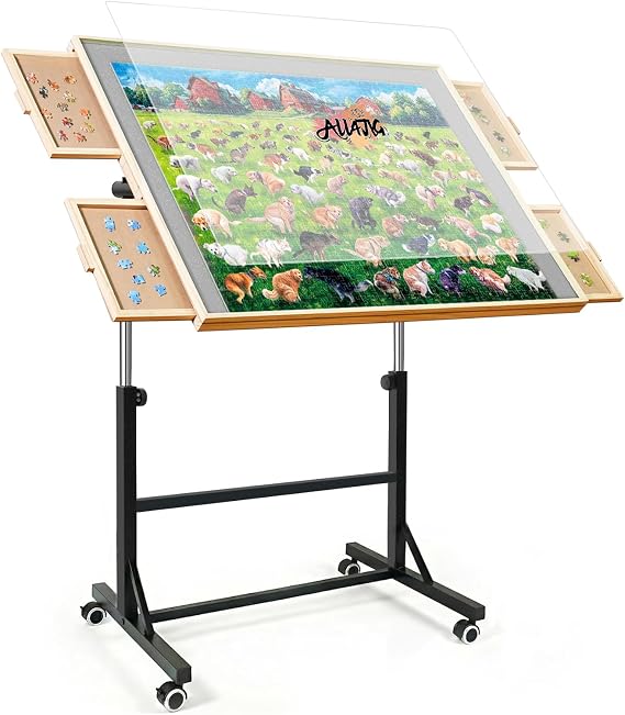 ALL4JIG 1500 Pieces Puzzle Table with Legs and Wheels,24.92"33.58" Wooden Jigsaw Puzzle Table with 4 Drawers&Cover,Adjustable Height Table Design,Laptop Table for Couch,for Building with Lego