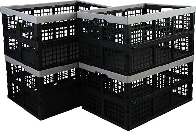 Sandmovie 42 Liter Folding Crates Storage, Plastic Stackable Collapsible Crate, 4 Pack
