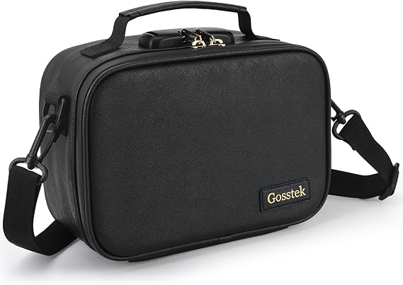 Gosstek Black PU Leather Odorless Carrier Bag with Combination Lock, Premium Smell Proof Organizers Box Case, Durable Container Pouch for Home and Travel, Medium.