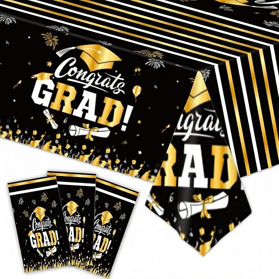 3 Pack Graduation Tablecloth 54 x 108 Inch Disposable Plastic Table Cloth for Graduation Party Decorations Class of 2026 Table Covers Rectangle (Black)