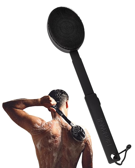 Black Wolf Silicone Body Scrubber & Exfoliator - Vibrating Body Scrub Brush | Loofah Shower Scrubber Brush with Handle Extension for Back - Deep Cleaning Exfoliating Body Scrub - Bath Hygiene Essentials
