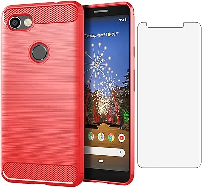 Asuwish Compatible with Google Pixel 3a XL Case and Tempered Glass Screen Protector Cell Accessories Protective TPU Phone Cover for Pixel3aXL Pixle 3aXL A3 Pixel3a LX Women Men Carbon Fiber Red