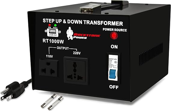 ROCKSTONE POWER 1000 Watt Voltage Converter Transformer - Heavy Duty Step Up/Down AC 110V/120V/220V/240V Power Converter - Circuit Breaker Protection DC 5V USB Port - CE Certified