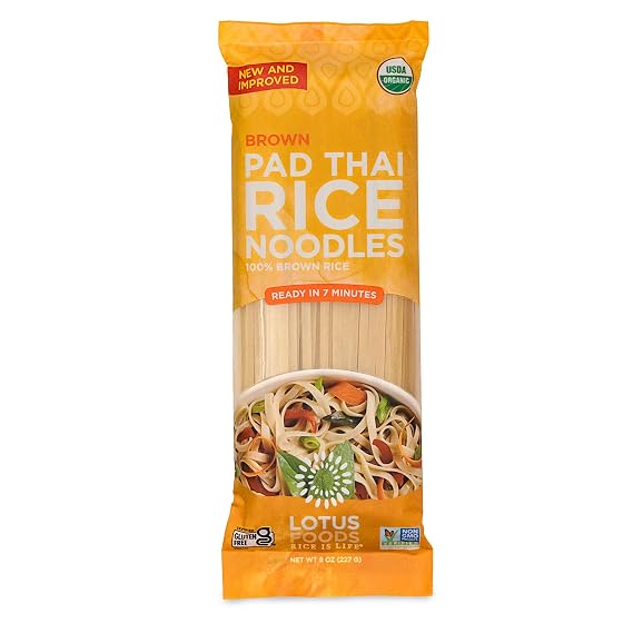 Lotus Foods Organic Brown Rice Pad Thai Noodles - Asian Style Noodles for Stir Fry, Gluten Free, Vegan, Whole Grain, Non GMO, Serve Hot or Cold - 8 Oz Pack of 1