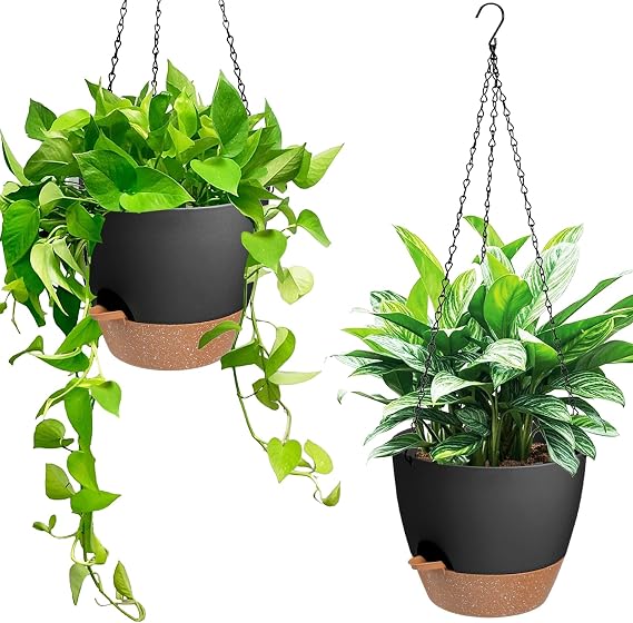 Vanslogreen Hanging Planters for Indoor Outdoor Plants, 2 Pack Self Watering Hanging Pot with Drainage Holes & Removable Tray (Black, 6'')