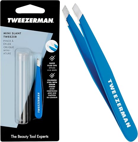 Tweezerman Mini Slant Tweezer, Stainless Steel (Pack of 1) | Professional Precision Tool, 25° Slanted Tip, Includes Protective Travel Case, Easy to Clean, for Eyebrows & Facial Hair