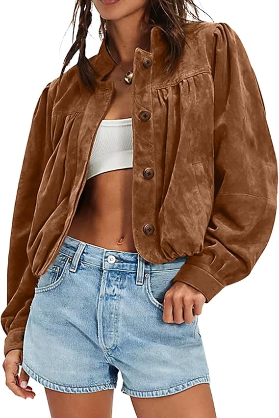 Women's Faux Suede Jacket with Pockets Oversized Puffed Long Sleeve Stand Collar Button Down Pilot Jackets Coat