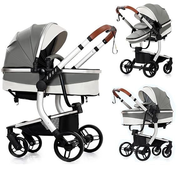PU Leather 2 in 1 Convertible Baby Stroller with Bassinet Mode, Reversible Infant Bassinet Stroller with One-Click Folding, Toddler Newborn Travel Standard Carriage Pram (2US518-Grey)