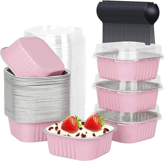 KAHEIGN 50Pcs Mini Cake Baking Cups with Lids and Spoons, 150ml Square Aluminum Foil Baking Pans Small Loaf Boxes Tart Pie Cake Containers for Bread Dessert Wedding Birthday Picnic Party (Pink Silver)