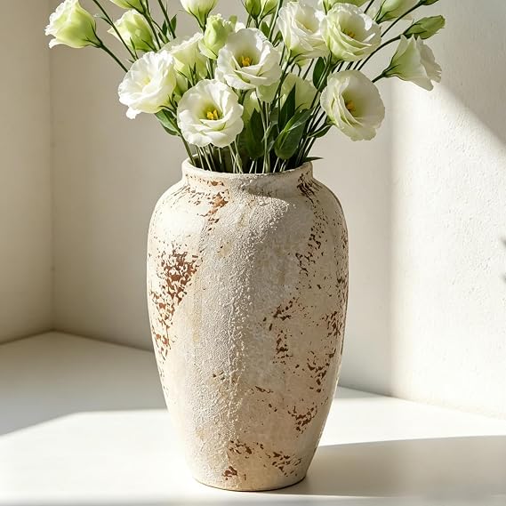Prettidecor Rustic Ceramic 9.5 in Vase, Ceramic Vase for Home Decor, Living Room Decoration, Shelf Decor, Mantel, Dinner Table Office Decorations Flower