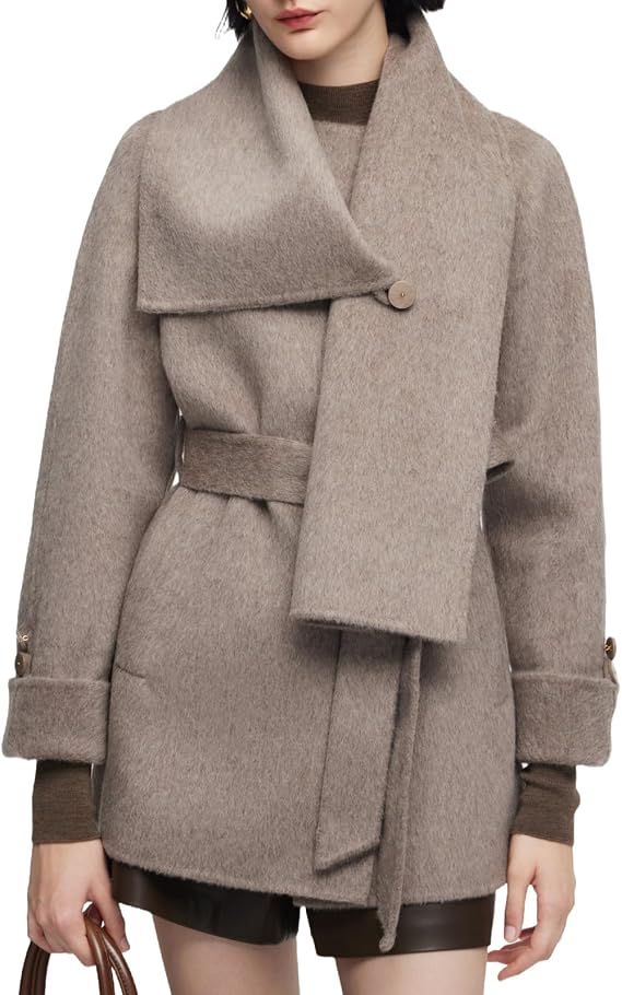 GOELIA Winter Coat for Women Alpaca Wool Blend Double-Faced Wrap Coat with Scarf and Belt Adjustable Button Cuffs