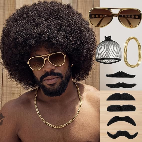 BECUS Afro Wig for Men, Curly Disco Costume Wig with 5PCS Set