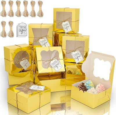 KPOSIYA 65PCS Bakery Boxes with Window 6x6x3 Inches 5 Style Cookie Boxes Small Pastry Boxes for Candy, Dessert, Pastry, Donuts, Birthday Party, WeddingGold