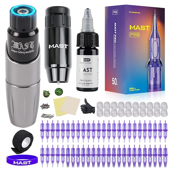 Mast Tattoo Tour Cordless Tattoo Machine Kit Cartridge Tattoo Gun with 50Pcs Liner Shader Needles Complete Tattoo Supplies Kit for Beginners