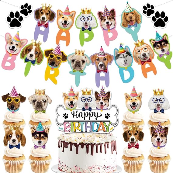 Pet Dog Birthday Party Decorations Set 24PCS,Dog Cake & Cupcake Toppers Kit with Banner, Realistic Pet Dog Cardstock Decor for Puppy Celebration Party Supplies