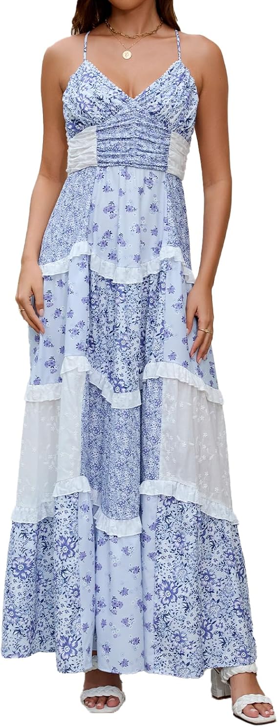ABYOVRT Women Floral Maxi Dress Spaghetti Straps V Neck Patchwork Flowy Boho Sundress Tiered Long Dresses