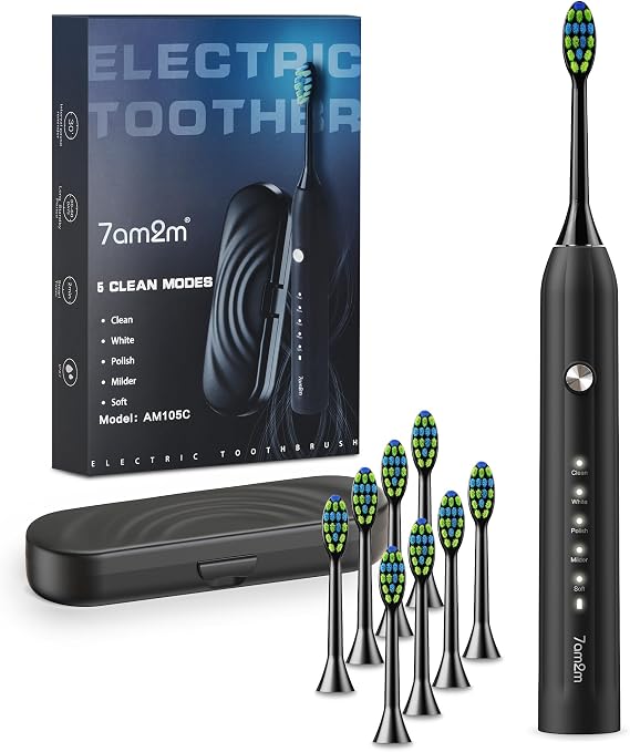 7AM2M Sonic Electric Toothbrush for Adults and Kids, with 8 Brush Heads and Travel Case,5 Modes with 2 Minutes Build in Smart Timer, One Charge Use for 90 Days, Rechargeable Toothbrushes(Black)