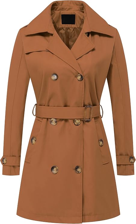Chrisuno Women's Double Breasted Trench Coats Mid-Length Belted Overcoat Long Dress Jacket with Detachable Hood