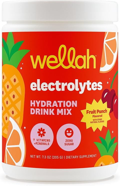 Wellah Electrolytes Powder (Fruit Punch) 50 Servings - Hydration Drink Mix, 7 Vitamins & Minerals, Zero Sugar