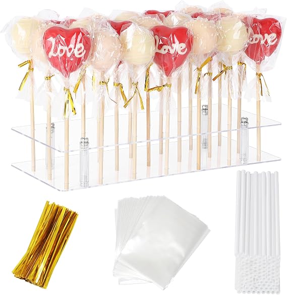 Cake Pop Stand with Sticks Kit, 21 Holes Lollipop Display Stand, Acrylic Cake Pop Display Holder, Lollipop Holder with 100 Pcs Sticks, 100 Pcs Clear Wrappers, 100 Pcs Gold Twist Ties