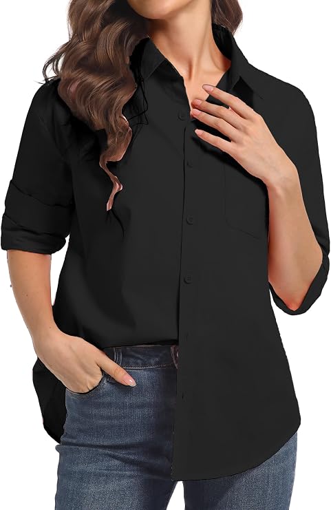 Womens Button Down Shirts, Long Sleeve Cotton Blouse for Women Casual, Collar Long Sleeve Blouse Tops for Pocket