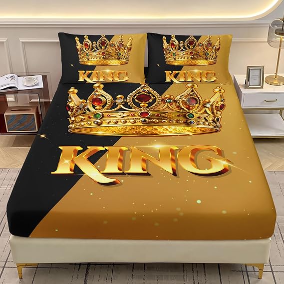AILONEN Black and Gold Fitted Sheet Set, Queen Size King Crown Couple Bed Sheet Set,Valentine His Hers Fitted Sheet + 2 Pillowcases,3Pcs