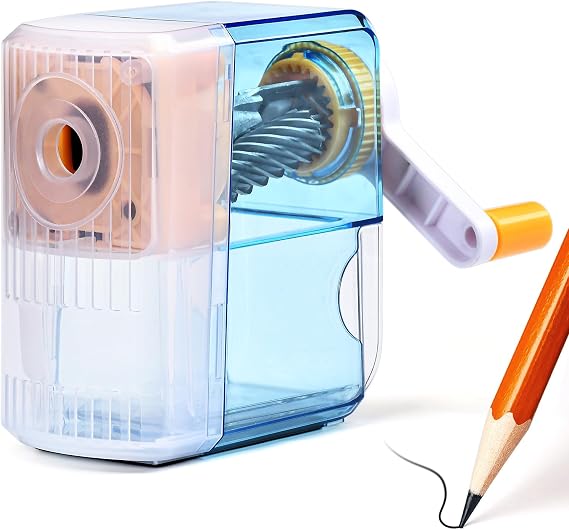 Manual Pencil Sharpener Desktop Pencil Sharpener with Container Adjustable in 3 Grades of Thickness Suitable for Artists, Teachers, Students and Kids (Blue 01)