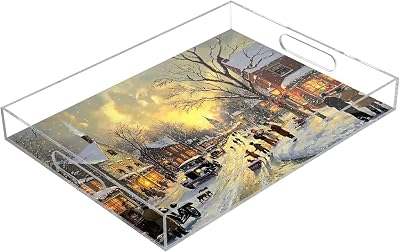 Winter Town Glow Blue Acrylic Trays Rectangle Serving Tray with Handles Rectangle Acrylic Trays for Display, 15.7x11.8x1.9 Inch