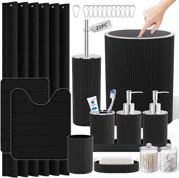 Black Bathroom Accessories Set Complete with Shower Curtain and Rug