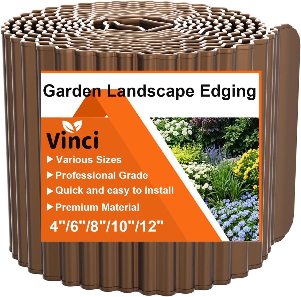 Vinci Garden Landscape Edging Border, 6 Inch x 40 FT Corrugated Sturdy Metal Easy Installation Safe Hemmed Lawn Garden Border Edges for DIY Flower Beds, Pathways and Patio Design Brown