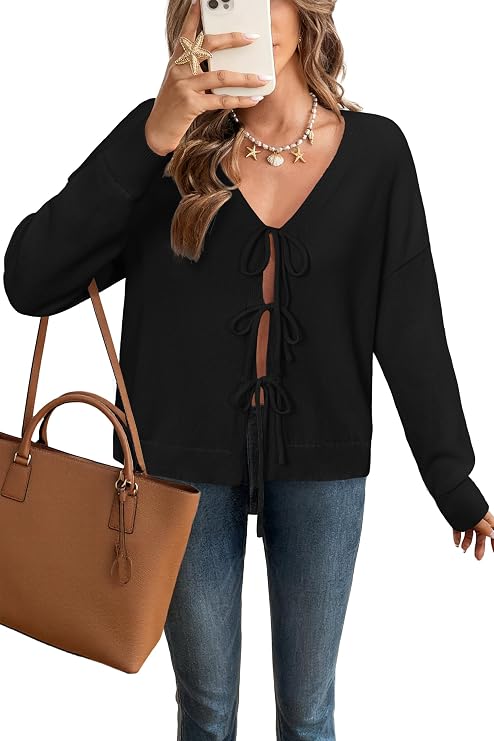 Arach&Cloz Women's Cozy Cotton Tie Front Fall Trendy Bow Cardigan Sweaters 2025