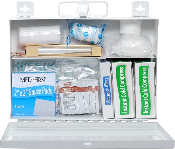MFASCO Day Care & Schools First Aid Kit - Basic Supplies, Wall Mountable Metal Box, Compact with Carry Handle, Ideal for Classrooms, Gyms, Activity Rooms - 10 1/2 x 7 1/4 x 2 1/2 Inches