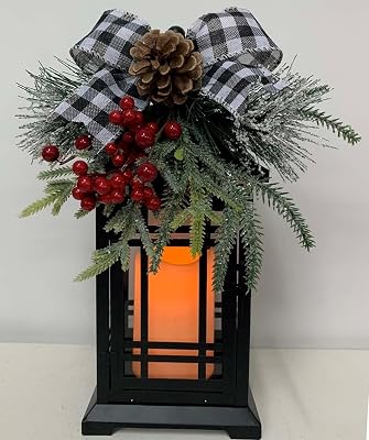 Hobby Lobby Black Metal and Glass LED Lantern with Berry and Pinecone Accents