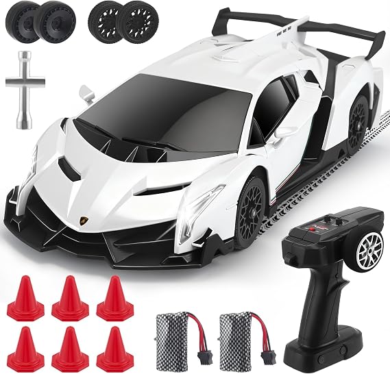 Lamborghini RC Drift Car, 1:18 4WD High Speed Remote Control Car, 35KM/H Racing with Proportional Throttle, LED Lights, Extra Drifting Tires, Speed Adjustment, Toy Gift for Boys Adults