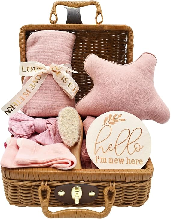 8-Piece New Baby Gifts, Baby Boy Girl Persent, Baby Shower New Mum Gifts, 8 in 1 Set - with Blanket, Horse Rattle Toy, Baby Hairband, Baby Brush, Socks, Milestone Card (Pink)