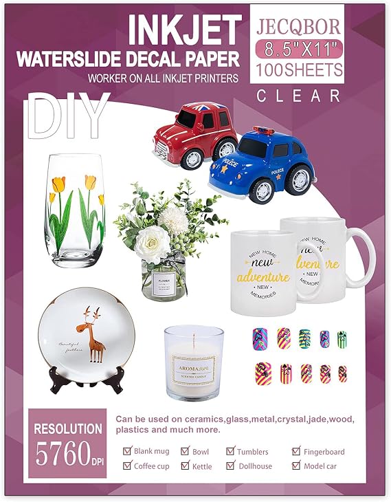 100 Sheets Waterslide Decal Paper INKJET CLEAR, 8.5X11 Inch Vibrant Color