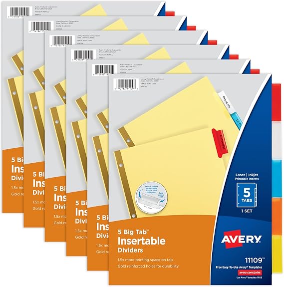 Avery Binder Dividers - 5-Tab Insertable Multicolor Big Tabs for Binders, 6 Sets of Dividers (11109)