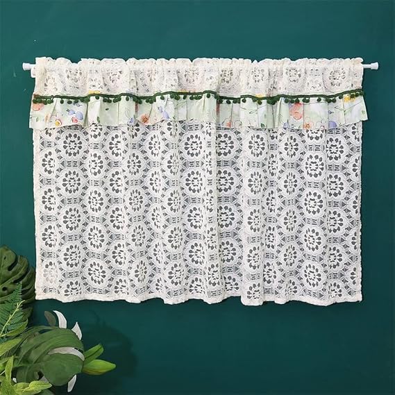 Curtain,Cafe Net Curtain Kitchen Sheer Voile Curtain Handmade Embroidery Hollow Lace Cafe Curtain Romantic Valance for Christmas Decoration/White/130Cm * 80Cm /51"*31"