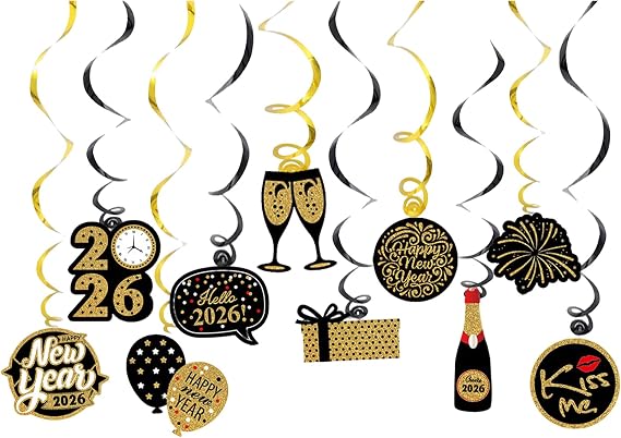 New Years Eve Decorations 2026, Happy New Year Decoration Swirl Streamers, 2026 New Year Party Banner Decor in Silver Gold Black Hollywood NYE Decorations, Photo Booth Props Accessories