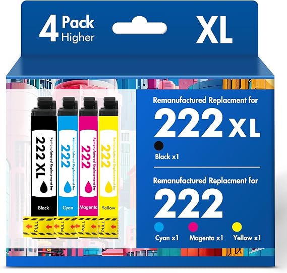 Remanufactured Compatible for 222XL for Epson XP-5200 Printer Ink Cartridge | Compatible for 222 Ink Cartridges Combo Pack for Epson Printer XP5200 XP 5200 Workforce WF2960 WF 2960 Multipack (4 Pack)