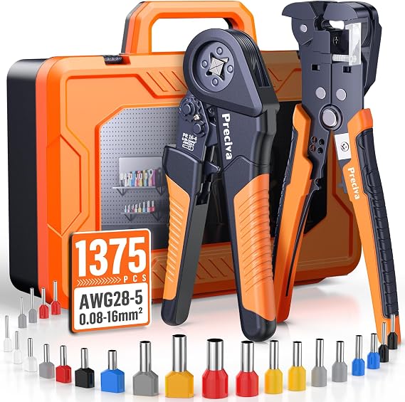 Preciva Crimping Pliers Ferrules Pliers and Wire Stripper for Conductors from 0.2 to 6.0 mm² Set with Case Crimping Pliers 0.08-16 mm² with 265 Twin and 1110 Single-Line Ferrules Set