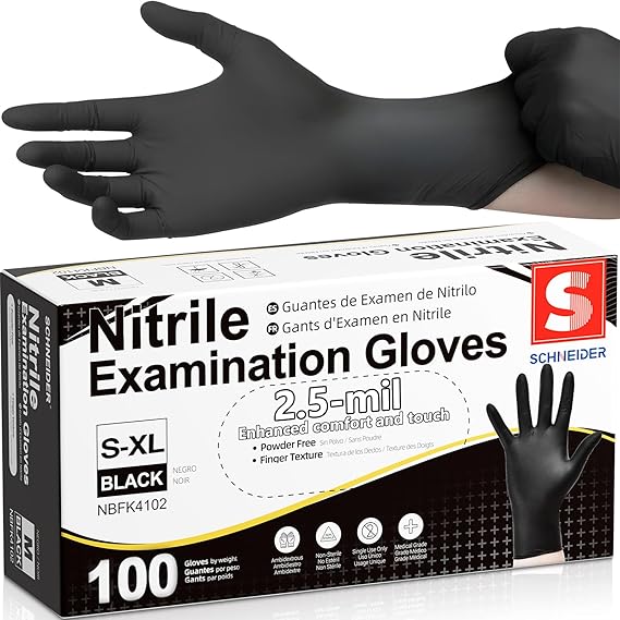 Schneider Black Nitrile Gloves, Gloves Disposable Latex Free, Powder Free | 2.5-Mil, Medical Exam Glove, Food Safe Gloves, Cooking Gloves, Cleaning Gloves