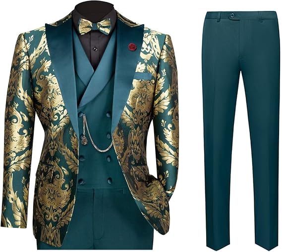 Men's Suit Jacquard 3 Piece Suit Floral Dress Suit One Button Blazer Jacket Pant and Vests for Wedding Prom Dinner