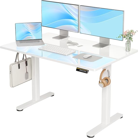 Majnesvon Modern 48 Inch Electric Standing Desk, White Tempered Glass Top Sit Stand Desk with Adjustable Height, Quick Install Home Office Computer Workstation