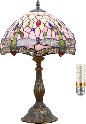Tiffany Lamp Stained Glass Table Lamp Antique Bedside Reading Light W12H19 Inches Pink Dragonfly