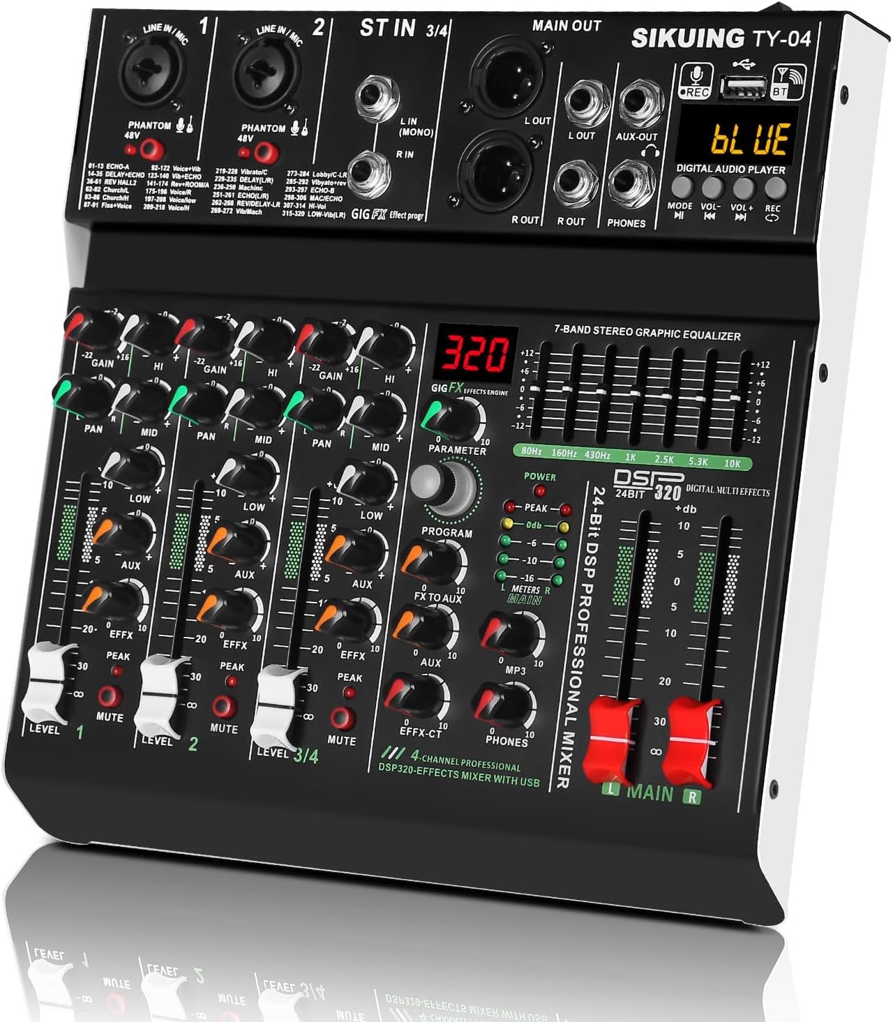 4 Channel Professional Portable Audio Mixer,320 DSP Effects+7-Band Equalizer,Bluetooth Sound Card+48V Phantom Power,USB Interface,for PC Recording,Karaoke Studio Effects,and Streaming Playback