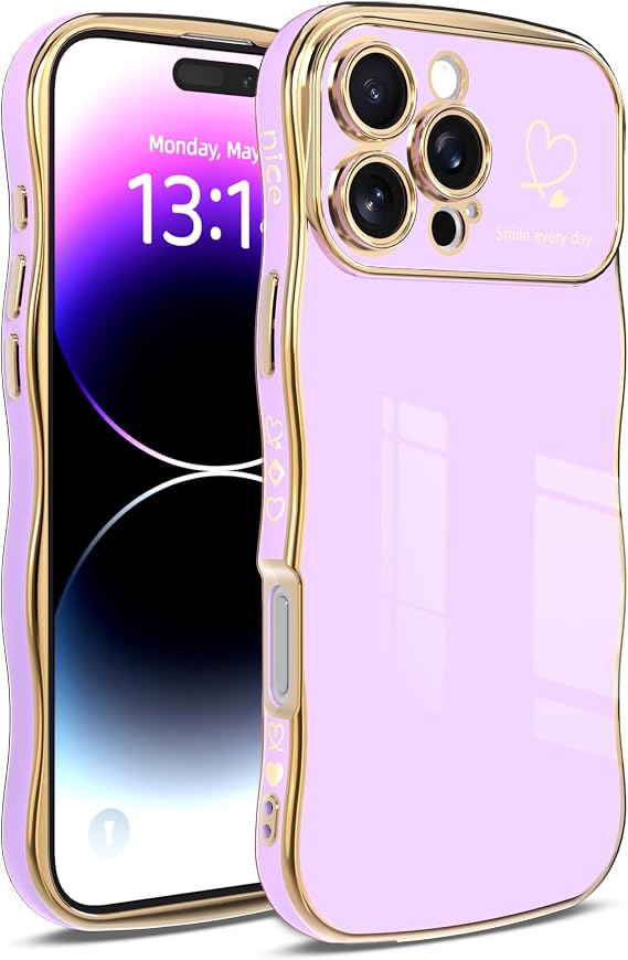 IAIYOXI iPhone 14 Pro ケース iPhone 14 Pro 用 ケース - カーリーシェイプのキュートなウェーブデザイン ハート柄 盛り上がったカメラ保護 高級メッキ加工 耐衝撃 iPhone 14 Pro, パープル
